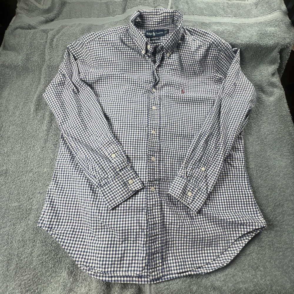 Ralph Lauren Polo Shirt L Blue Green Blackwatch Tartan Custom Fit Button Down